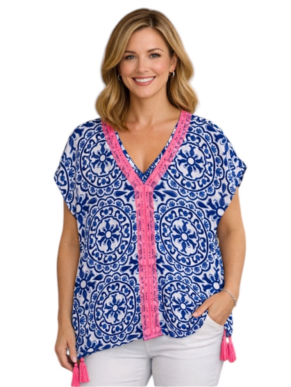 Lilly Pulitzer Boho Tassel Hem Top Blue Medallion Print Pink Trim XS
FF